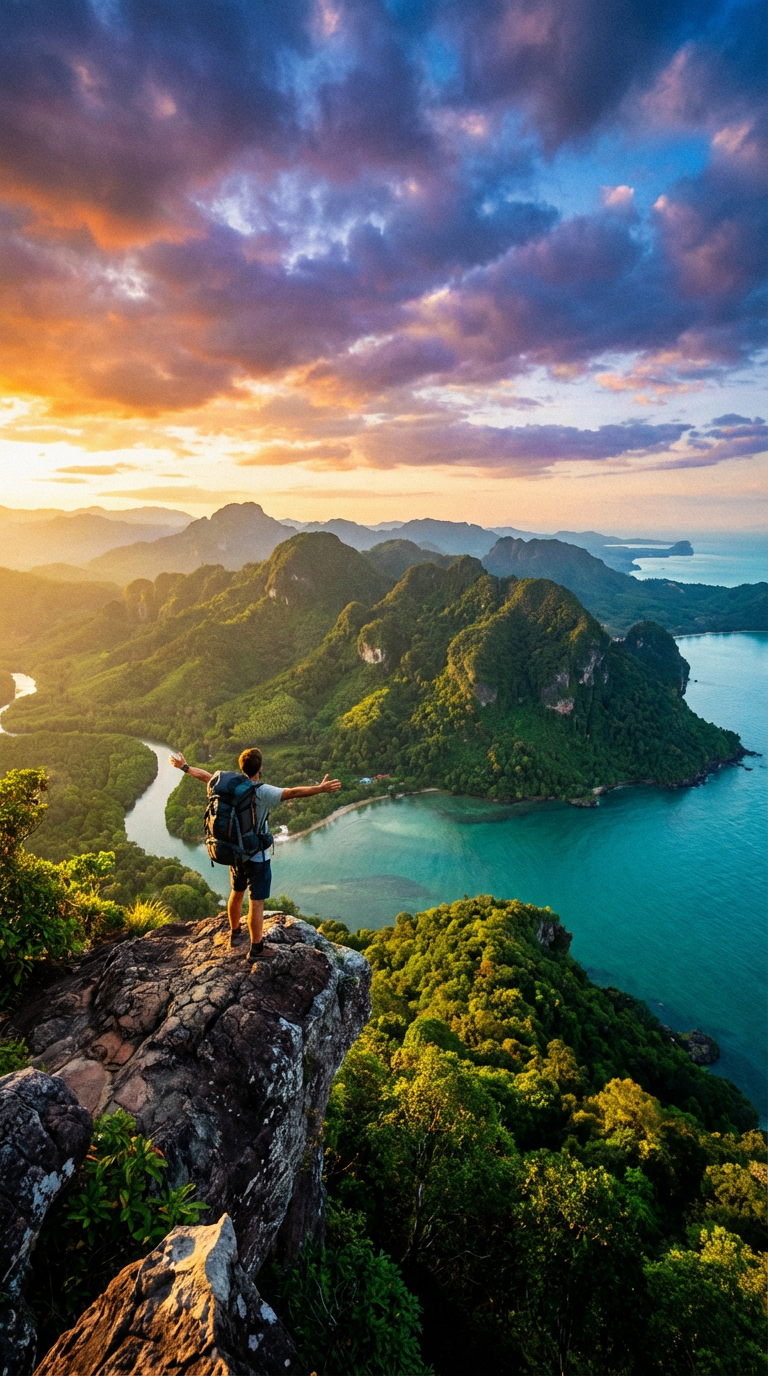 Firefly_Gemini Flash_Breathtaking panoramic travel landscape with a lone backpacker standing on a cliff, o 159346