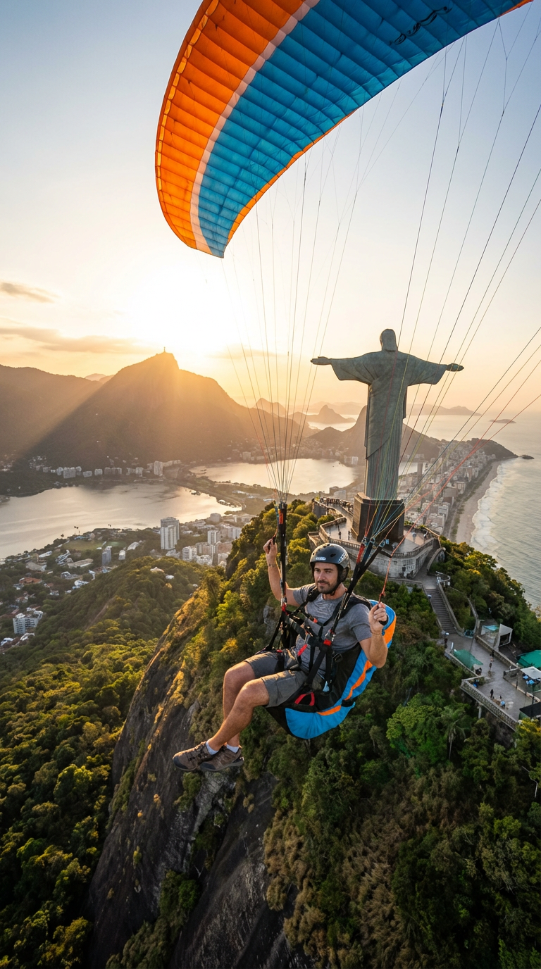 Firefly_Gemini Flash_Cinematic travel photography of a man paragliding in the foreground, seen up close, w 927370