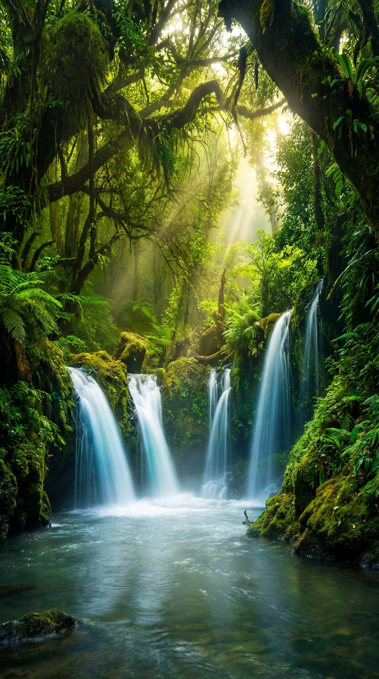 Firefly_Gemini Flash_Stunning tropical jungle landscape with dense greenery, waterfalls and mist. Vivid sa 159346